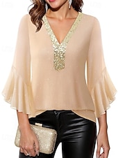 baratos Blusas Elegantes-Mulheres Blusa Tops de lantejoulas Patchwork Bloco de cor à moda Moderno Manga 3/4 Sino Decote V Tops regulares Diário Feriado Para Noite Azul Preto Vermelho Verde Verão Primavera