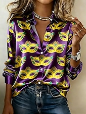 levne Dámské Mardi Gras Oblečení-Mardi Gras Dámské Košile Grafika Geometrický Abstraktní Vinobraní stylové Moderní Dlouhý rukáv Košilový límec Běžné topy Denní Dovolená Žlutá Fialová Trávová zelená Léto Jaro