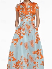 cheap A-Line Evening Dresses-A-Line Floor Length Evening Gown Formal Dress Elegant Silky Short Sleeve V Neck Wedding Formal Satin with Floral Print