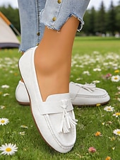 cheap Women's Slip-Ons &amp; Loafers-Women's White Tassel Moccasins Loafers – Soft Faux Leather Slip-On Shoes for Work, Weekend Wear, Travel &amp; Smart Casual Looks