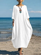 cheap Luxury Dresses-Women's Cotton Linen Maxi Dress Shift Dress Casual Daily Regular Fit Plain 3/4 Length Sleeve Crew Neck Blue White Red Dark Green Summer Spring Fall