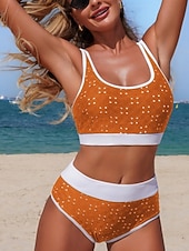 رخيصةأون أطقم البيكيني-نسائي ملابس السباحة بيكيني 2 قطعة عالي الخصر ملابس السباحة ضعيف بدون ظهر العطلة ملابس الشاطئ لون الصلبة منقط رقبة سكوب بدون كم بدلة سباحة