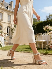 economico Damigella d&amp;#39;onore-scarpe con tacco color champagne per damigelle d'onore da donna – sandali da sposa con tacco a blocco e punta aperta, cinturini impreziositi da cristalli, eleganti scarpe da sposa per feste