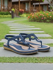 cheap Women-Women's Navy Blue Braided Thong Sandals - Comfortable Strappy Flat Sandals with Arch Support, Elegant Bohemian Summer Shoes for Resort Walking, Tropical Vacations &amp; Sightseeing