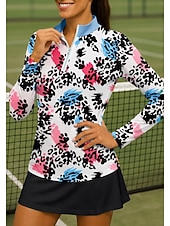 abordables Camisa de Mujer-Women's Animal Leopard Sport Shirt Golf Polo Shirt Tennis Shirt Tennis Top Long Sleeve Zipper Floral UPF50+ UV Resistant High Elasticity Moisture Wicking Breathable Tennis Golf Pickleball Stand