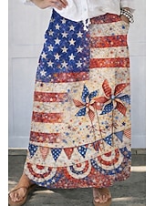 お買い得  独立記念日ボトムス-独立記念日レディースヴィンテージファッションカジュアルマキシハイウエストスカートグラフィックプリントマイクロエラスティックデイリーストリートブルーレッドサマーポリエステル