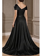 cheap A-Line Evening Dresses-A-Line Floor Length Jumpsuit Evening Gown Ball Gown Ball Gown with Overskirt Formal Dress Elegant Silky Short Sleeve One Shoulder Wedding Formal Stretch Satin Cowl Back with Embroidered Flower Bow(s)
