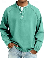 cheap Basic T shirts-Men's T Shirt Henley Shirt 100% Cotton Acid Wash Shirt Tee Top Long Sleeve Plain Vintage Streetwear Casual Washed Raglan Sleeves Stand Collar Henley Casual Home Street Spring Fall Fall &amp; Winter Black