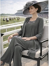 preiswerte Hosenanzüge für Mama-Dreiteilig Bodenlang Brautmutterkleid Langarm Rundhalsausschnitt Elegant Vintage Formell Hochzeitsgast Formeller Abend Spandex mit Einfarbig