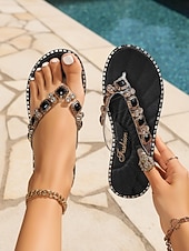 billiga Slide Sandaler-Damflip-flops med genomskinliga stringtrosor och guldfärgade detaljer &amp;vita strassdetaljer – eleganta juvelutsmyckade platta sandaler för strandsemester och avkoppling vid poolen