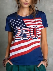  Giorno dell'Indipendenza Americana Per donna Maglietta Stampato Grafico Bandiera Americana Elegante Classico Casual Manica Corta Girocollo Top Regolari Quotidiano Sportivo Uscire Blu marino Blu Reale