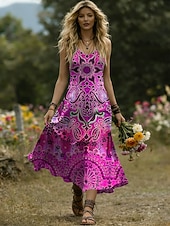 economico Abiti Boho-Per donna Abito Midi Abito a trapezio Casual Spiaggia Vestibilità regolare Grafico Geometrico Senza Maniche Collo a U Blu Viola Arancione Verde Estate Primavera