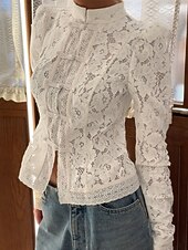 economico Top in Pizzo-Per donna Camicia Camicia di Pizzo Blusa Pizzo Patchwork Bottoni Semplice Elegante Vintage Quotidiano Manica Lunga Manica a Palloncino Collo Alto Top Regolari Quotidiano Lavoro Ferie Nero Bianco