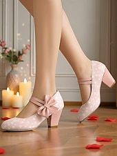 economico San Valentino-Scarpe col tacco Mary Jane a pois rosa da donna anni '50 – graziose décolleté con tacco a blocco retrò e cinturino a fiocco per feste, tè e outfit di ispirazione vintage