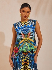 preiswerte Grafiktank-Dschungel-Wildparty-Top aus seidigem Satin mit Pfauenmuster