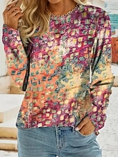 baratos Camiseta listrada e geométrica-Mulheres Camiseta Imprimir Gráfico Geométrica Abstrato Vintage Moda à moda Manga Longa Gola Redonda Tops regulares Diário Azul Vermelho Roxo Fúcsia Marron Verão Primavera