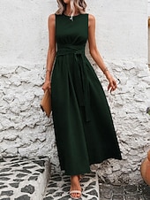 tanie Biała sukienka-Damskie Sukienka maxi Sukienka A line Urlop Codzienny Na zewnątrz Wyjściowe Luźny / a Jednokolorowe Bez rękawów Wycięcie pod szyją Granatowy Czarny Czerwony Zielony Lato Wiosna