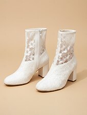 voordelige Bruid-Ivoorwitte kanten enkellaarsjes met blokhak voor dames, elegante bruidslaarsjes voor een moderne stadsbruiloft