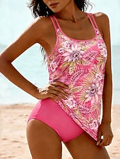 Χαμηλού Κόστους Τανκίνι-Γυναικεία Μαγιό τανκίνι 2 κομμάτι Προκλητικό Μαγιό Έλεγχος κοιλιάς Ψηλή Μέση Λεπτό Διακοπές Ρούχα παραλίας Γραφική Τροπικό Λαιμόκοψη U Αμάνικο Μαγιό