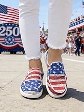  United States 250th Anniversary Women's Red Blue American Flag Print Comfort Mules – Canvas Slip-On Shoes USA Fourth of July Outdoor Events Travel  Daily Wear