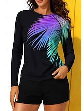 baratos Surfistas Tankinis &amp; Bikinis-Mulheres Normal Maiô Rashguard Anti Atrito Maiô com estampa floral Floral Tropical Bloqueio de cores 2 Peças Bojo Removível Boyleg Proteção Solar UV UPF50+ Proteção UV Manga Longa Roupa de Banho Anti
