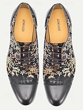 cheap Derby Shoes-Men's Elegant Leather Wedding Shoes - Black with Gold Floral Pattern, Premium Quality Footwear for Weddings and Formal Celebrations