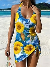 cheap Tankinis-Women's Swimwear Tankini 2 Piece Skirt Swimsuit Drawstring Halter Elegant Vacation Floral Leaves Scoop Neck Sleeveless Bathing Suits