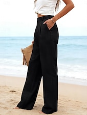 preiswerte Wesentliche Falsche Unterteile-Damen Kunstbaumwollleinen Weites Bein Freizeithose Sommerhose Urlaub Streetwear Basic Volle Länge Mittlere Taillenlinie Einfach Tasche Atmungsaktivität Bequem Unelastisch Täglich Outdoor Urlaub Blau