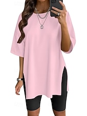 voordelige Effen t-shirt-Dames T-shirt Zijsplit Effen Kleur Grafisch Modieus Klassiek Casual Korte mouw Strakke ronde hals Ronde hals Lange tops Dagelijks Uitgaan blauw Zwart Wit Lichtgroen Blozend Roze Zomer Lente