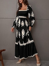 abordables Vestido Boho de Vacaciones-Mujer Vestido maxi Vestido de una línea Vestido de flores Elegante Moda Moderno Exterior Vacaciones Fiesta Ajuste regular Floral Manga Larga Escote Cuadrado Negro Burdeos Marrón Albaricoque Primavera