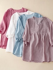 baratos Camisas-Mulheres Camisa Social Camisas com toque de linho Côr Sólida Tecido Vintage à moda Decote V Tops regulares Azul Branco Rosa Roxo Claro Verão Primavera