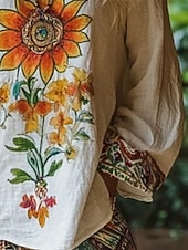 billiga Boho-toppar-Dam Skjorta Boho skjorta Blus Mönster Blommig bohemliv Vintage Hawaiisk Långärmad Rund hals Vanliga toppar Dagligen Utekväll Standkläder Vit Sommar Vår Höst