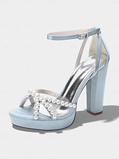 cheap Bride-Women's Ivory Platform Chunky Block Heel Sandals, Pearl-Embellished Ankle Strap Bridal Shoes for Church Weddings