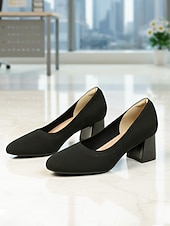 abordables Zapatos de salón de tacón ancho-Zapatos de tacón de bloque con puntera de punto en beige y negro para mujer: cómodos zapatos sin cordones transpirables para desplazamientos diarios de negocios y trabajo de oficina. &amp;damas