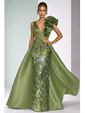  Linha A Tubinho Longo Vestidos de noite Vestido de baile com sobressaia Elegante Brilhante Floral Sem Manga Decote V Festa de Noite Casamento Cetim com Estampa floral Lantejoulas Fenda