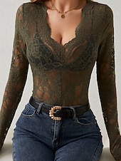 economico Top in Pizzo-Per donna Blusa Top in pizzo Pizzo Floreale Semplice Elegante Sexy Moderno Manica Lunga Scollo a V Top Regolari Quotidiano Ferie Uscire Blu Nero Bianco Vino Verde Estate Primavera Autunno Inverno