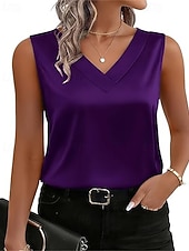 preiswerte Schicke Blusen-Damen Elegant Satin-Top T Shirt Seiden-Oberteile Patchwork Einfarbig Elegant Vintage Mode Ärmellos V Ausschnitt Normale Oberteile Täglich Ausgehen Wochenende Blau Silber Weiß Rote Purpur Sommer