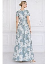 cheap A-Line Evening Dresses-A-Line Floor Length Evening Gown Formal Dress Elegant Floral Silky Short Sleeve Crew Neck Garden Party Wedding Pocket Satin with Floral Print Bow(s) Strappy