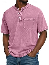 billige Uformell Henley T-skjorte-Herre Henly-skjorte 100% bomullssyre-vaskeskjorte T-skjorte T-skjorte Kortermet Ensfarget Retro / vintage Fritid Lomme Gammeldags stil Vasket Henley Avslappet Sommer Vår Høst Svart Rosa Lysegrønn
