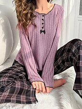 preiswerte Damen Schlafoberteile und -unterteile-Damen Schlafanzug Set Lässig Komfort Blumen Einfarbig Elastischer Bund Hose Täglich Heim Langarm V Ausschnitt Schwarz Weiß Purpur Grau Sommer Frühling Normale Passform