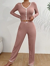 baratos Tops e partes de baixo de dormir para mulher-Mulheres Conjunto de Pijama Casual Conforto Cor imaculada Renda Cintura elástica Calça Diário Casa Manga Longa Decote V Azul Preto Rosa Vermelho Cáqui Verão Primavera Outono Normal