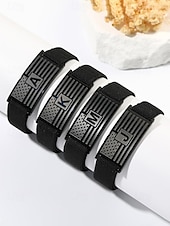 cheap Men's Jewelry-Men's Adjustable Alphabet Bracelet with Stainless Steel Flag Plate, Polyester Elastic Band, 26 Initial Letters, Patriotic Wristband for US 250th Anniversary &amp; Independence Day