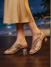 رخيصةأون النساء-صنادل نسائية بكعب منخفض مرصعة بأحجار الراين باللون الذهبي - أحذية أنيقة بفتحة خلفية مزينة بالزهور وكعب عريض مريح، مثالية لأم العروس في الحظيرة الريفية &amp;حفلات الزفاف الريفية
