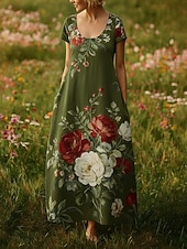  Naisten Maksimekko Boho-mekko Rento mekko Vintage Päivittäin ulko- Hiekkaranta Loose Fit Kukka Lyhythihainen U kaula-aukko Punastuvan vaaleanpunainen Armeijan vihreä Laivaston sininen Kesä Kevät