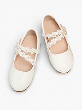 preiswerte Kinder &amp; Blumenmädchen-Elegante weiße Mary-Jane-Schuhe für Mädchen mit floralem Spitzenriemen und Perlenverzierungen, weichem Obermaterial aus PU-Leder und bequemer flacher Sohle, klassischer Prinzessinnenstil, perfekte