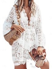 economico Abiti da spiaggia-Per donna Mini Abito Abito Bianco Abito da Spiaggia Abito nero Copricostume Elegante Vintage Moda Manica del polsino svasato Quotidiano All'aperto Spiaggia Vestibilità regolare Floreale Semplice