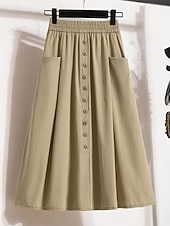 olcso Laza szoknyák-Női Divat Alkalmi Midi Magas derék Szoknyák Sima Zseb Nyúlós Napi Utca Fekete Khakizöld Tavasz Poliészter