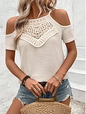 cheap Plain tee-Women's Cold Shoulder Tops Waffle Knit Tops Lace Patchwork Embroidered Solid Color Elegant Stylish Casual Short Sleeve Cold Shoulder Regular Tops Daily Going out Black Apricot Summer Spring