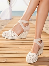 abordables Dama de honor-Sandalias de cuña con alpargatas de encaje beige para mujer, cómodas sandalias de dama de honor con tira en el tobillo para bodas en la playa.