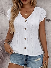 baratos Camiseta lisa-Mulheres Camiseta T-shirt Frufru Ilhó Botões Tecido Moda à moda Clássico Manga Curta Decote V Tops regulares Diário Para Noite Final de semana Branco Amarelo Rosa Azul Céu Verde Verão Primavera